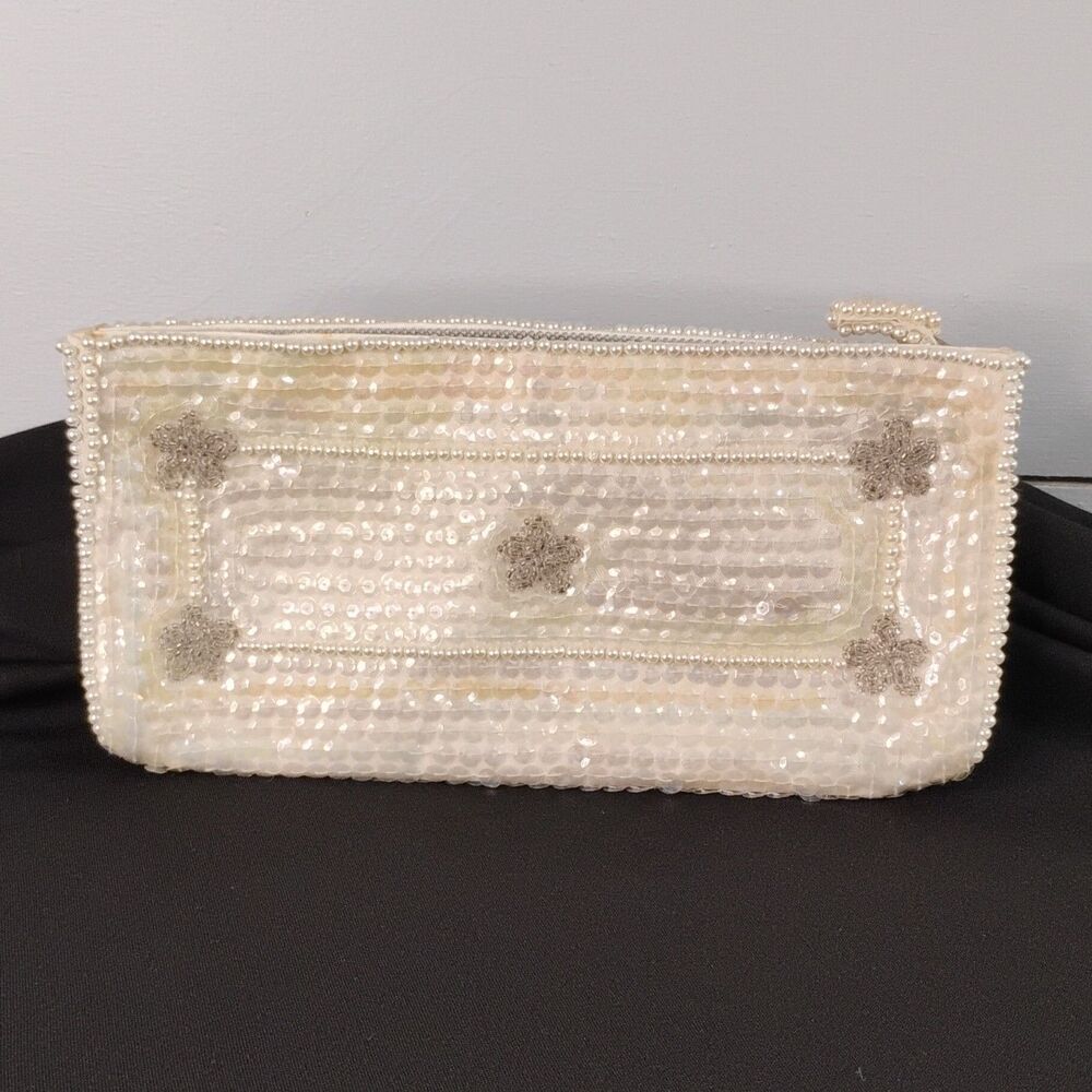 Debbie Vintage Glam Ivory Solid Beaded Rectangle Clutch Zip Closure